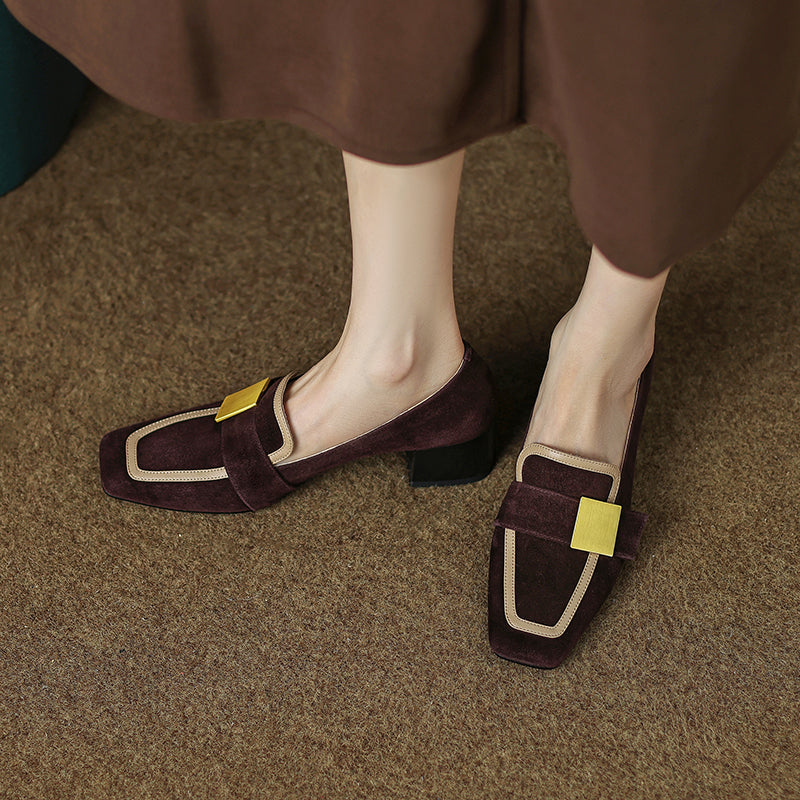 French Retro Color Block Single Shoe With Medium Thick Heel – product detail alternate view 4