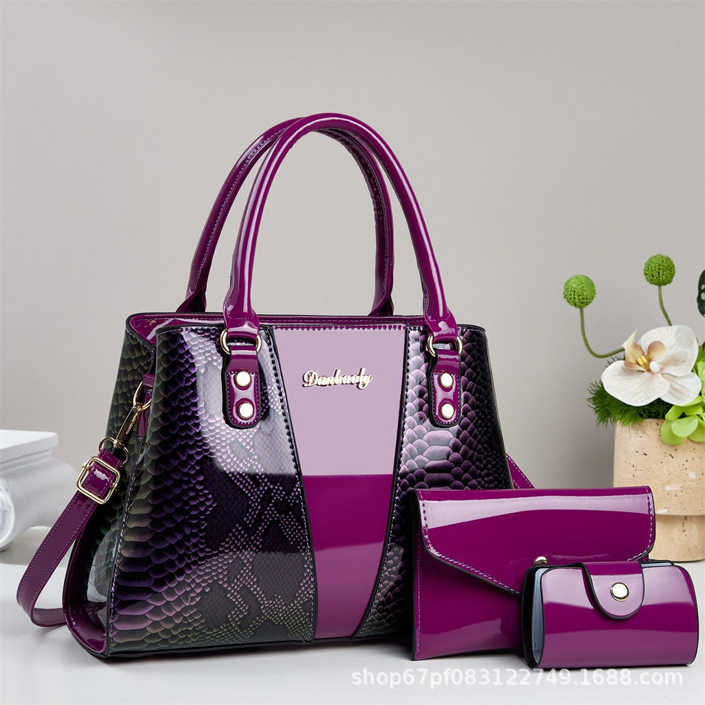 Sarah Express Snakeskin Pattern 3-Piece Tote Handbag Set Purple 31X13X22CM