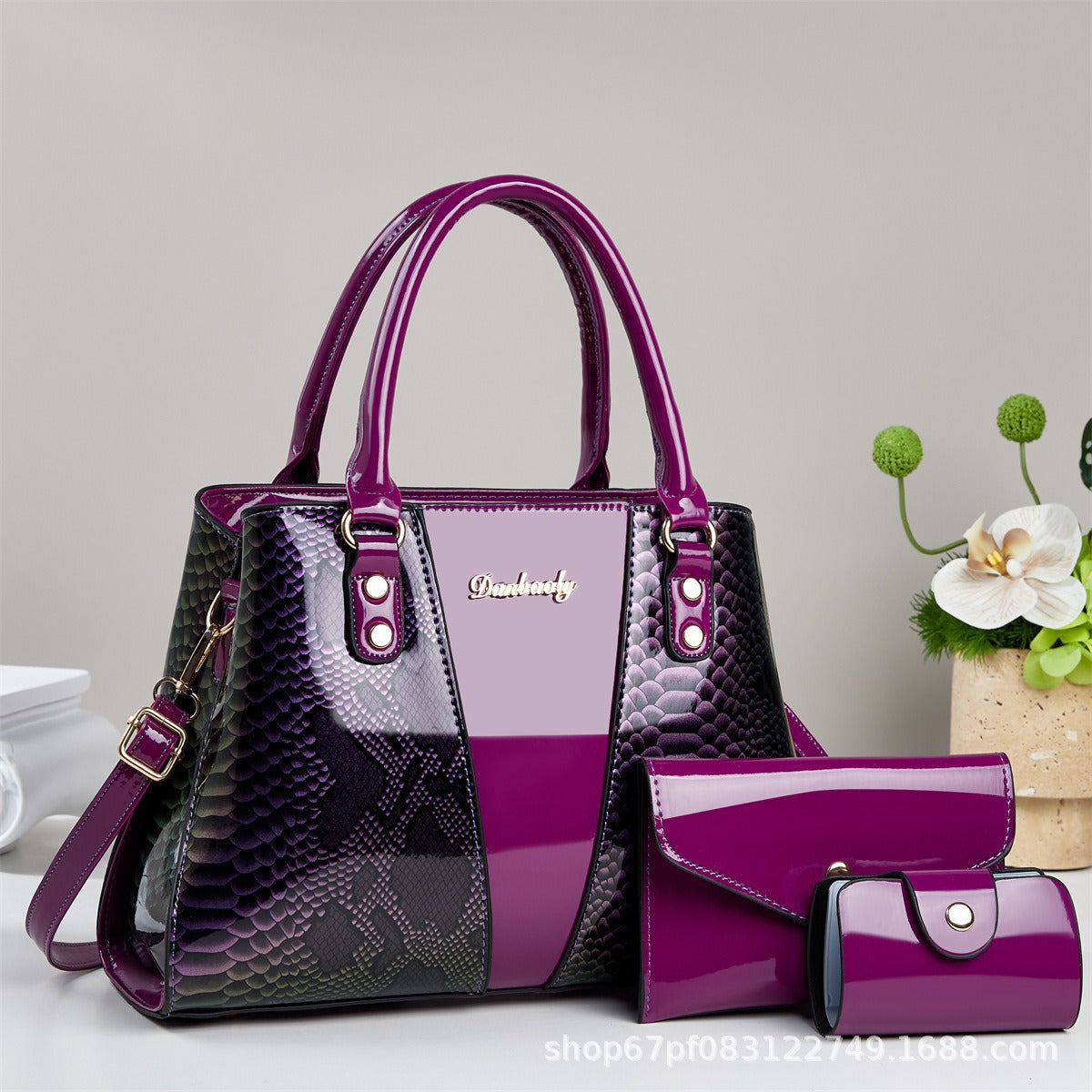 Sarah Express Snakeskin Pattern 3-Piece Tote Handbag Set Purple 31X13X22CM