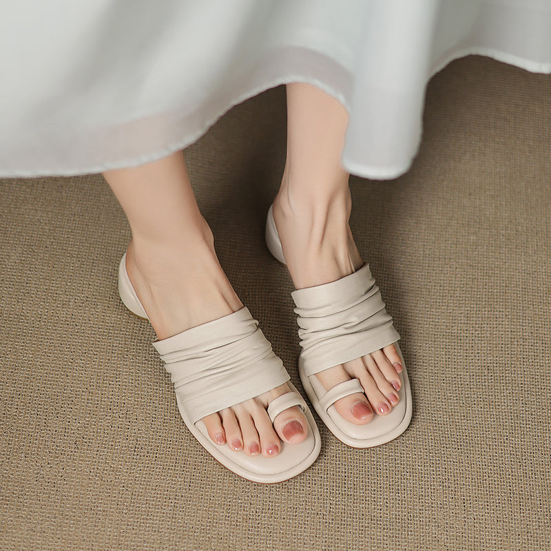 Sarah Express Handmade Sheepskin Ruched Toe-Loop Slide Sandals