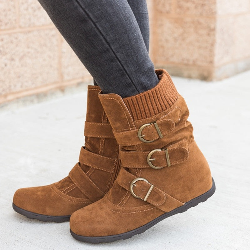 Sarah Express Women's Buckle Strap Flat Ankle Boots Brown