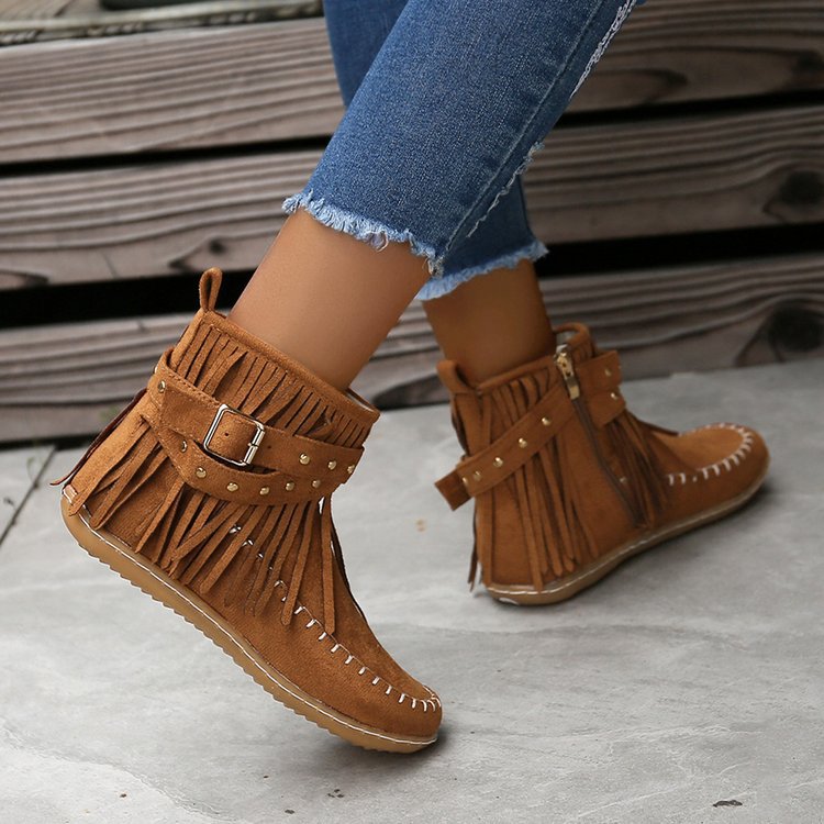 Sarah Express Women's Retro Suede Fringe Buckle Boots