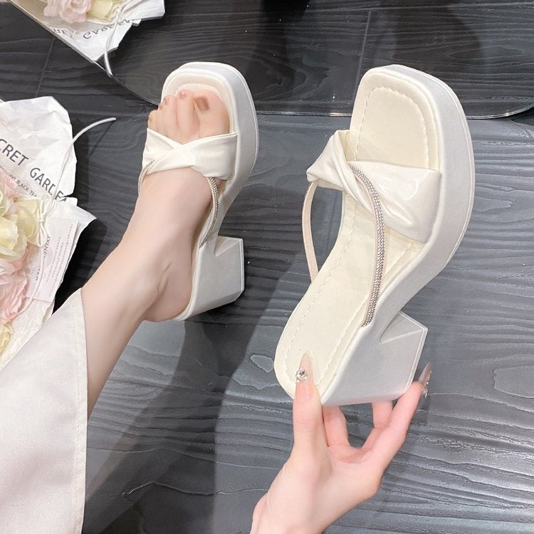 Sarah Express Rhinestone Block Heel Square Toe Sandals