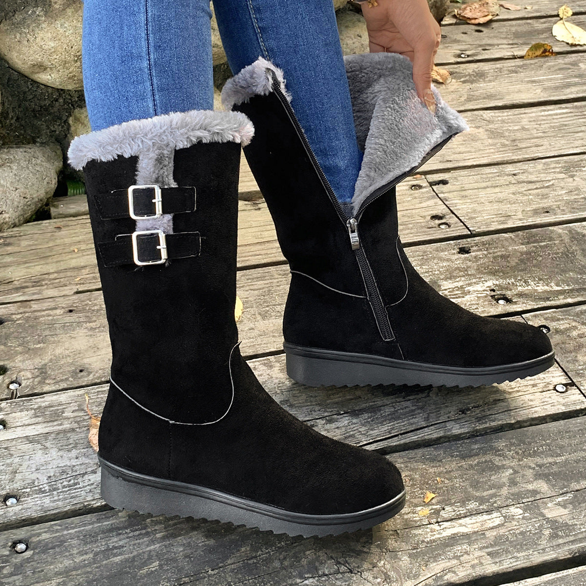 Sarah Express Fleece Lined Mid Calf Wedge Boots