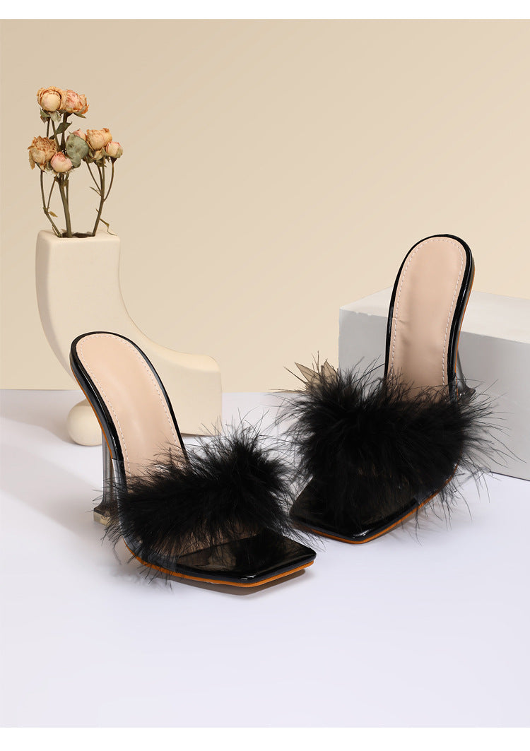 Sarah Express Furry Transparent Stiletto Heel Sandals