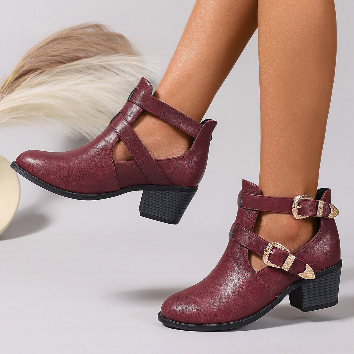 Sarah Express Wine Red Punk Style Buckle Ankle Boots Wine Red