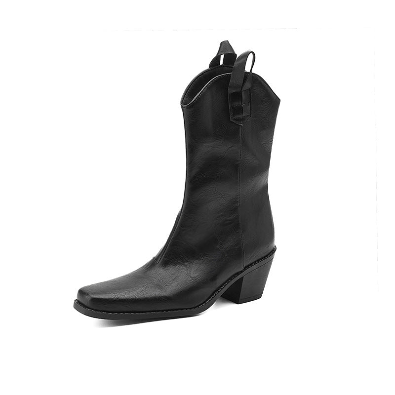 Sarah Express Retro Square Toe Chunky Heel Boots Black