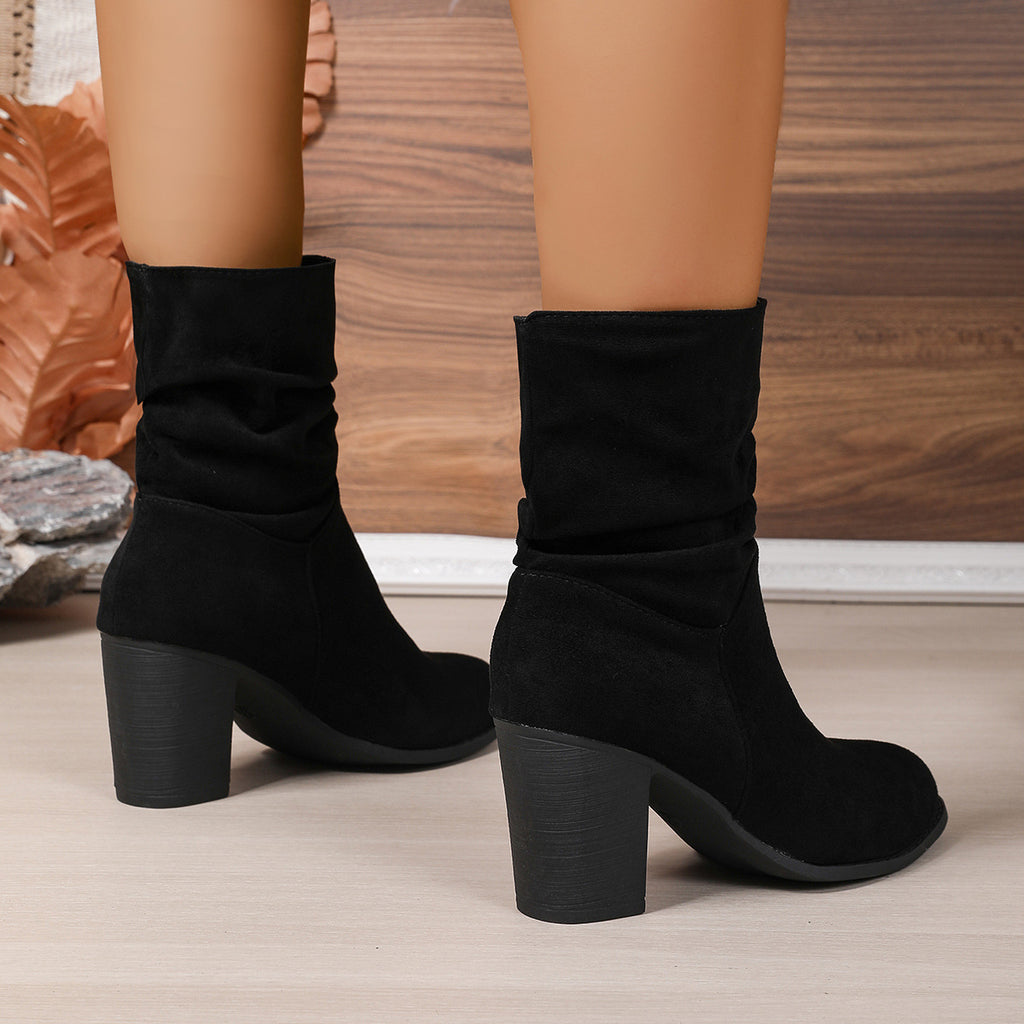 Sarah Express Women's Suede Chunky Heel Boots Black