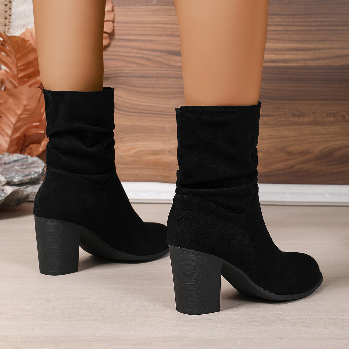 Sarah Express Women's Suede Chunky Heel Boots Black