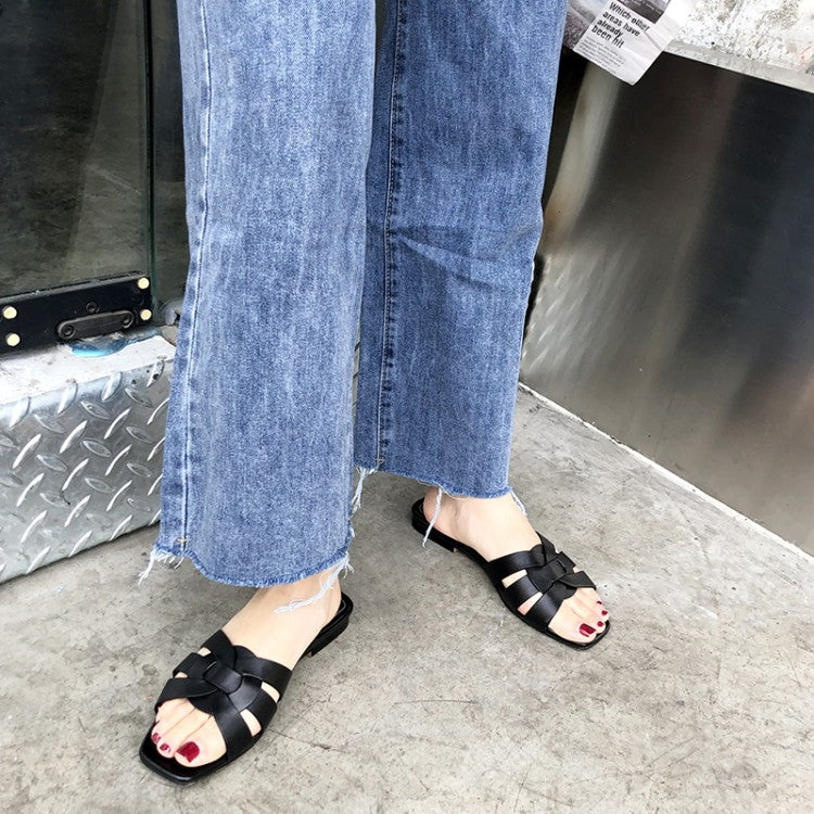 Sarah Express Woven Strap Square Toe Flat Sandals