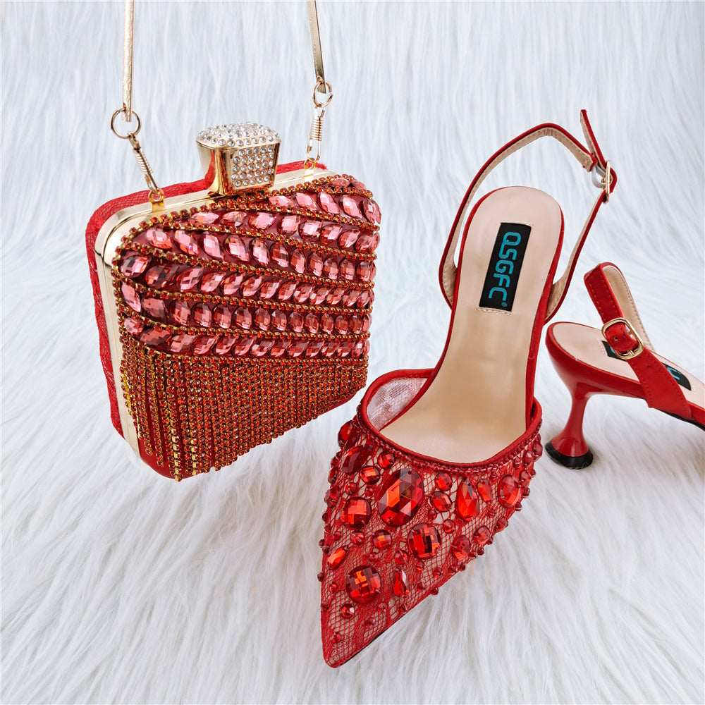 Sarah Express Embellished Party Sandals and Matching Bag Red