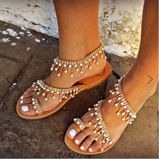 Sarah Express Beaded Pearl Flat Sandals