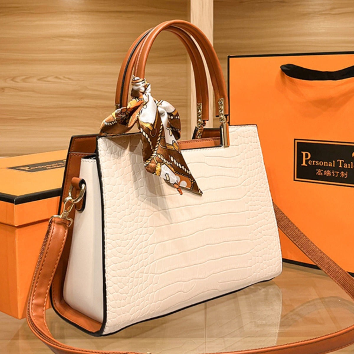 Sarah Express Structured Crocodile-Grain Apricot Crossbody Bag