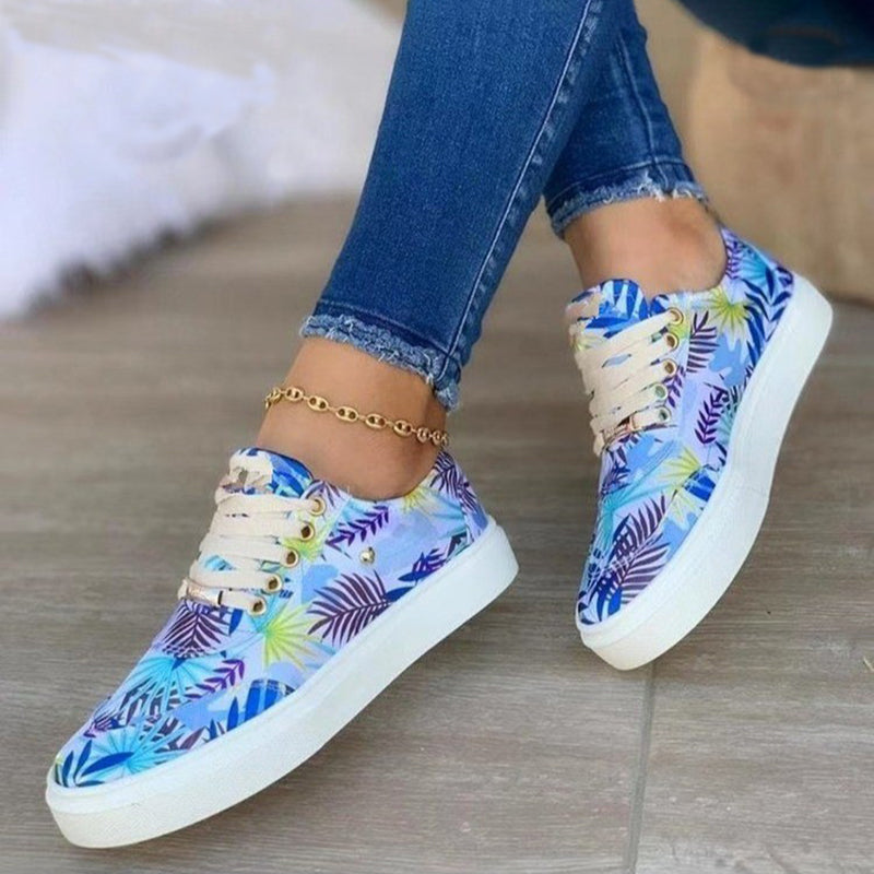 Sarah Express Women's Leaf Print Canvas Lace-Up Sneakers Light blue