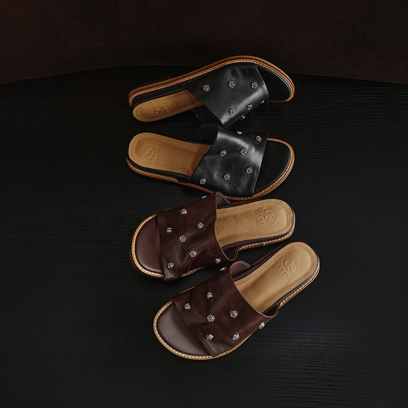 Sarah Express Studded Leather Slide Sandals Flat Mules