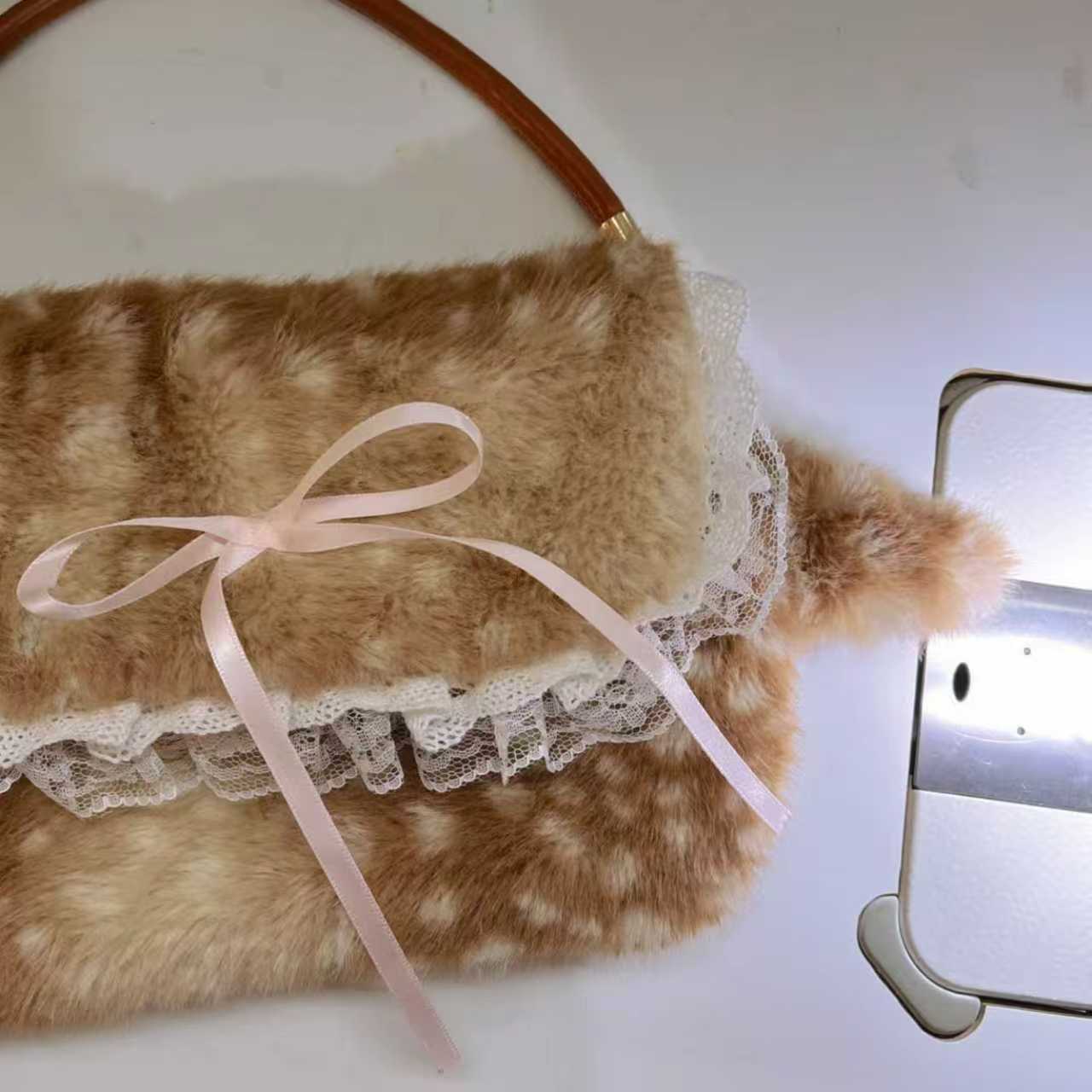 Sarah Express Plush Fawn Pattern Bow Tote Bag