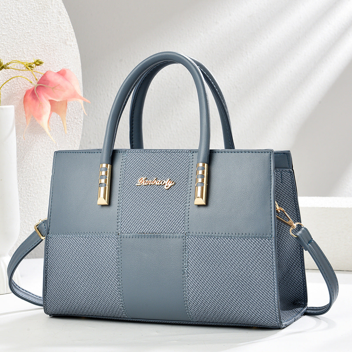 Sarah Express Patchwork Color Block Tote Handbag Light blue 31×12×22cm