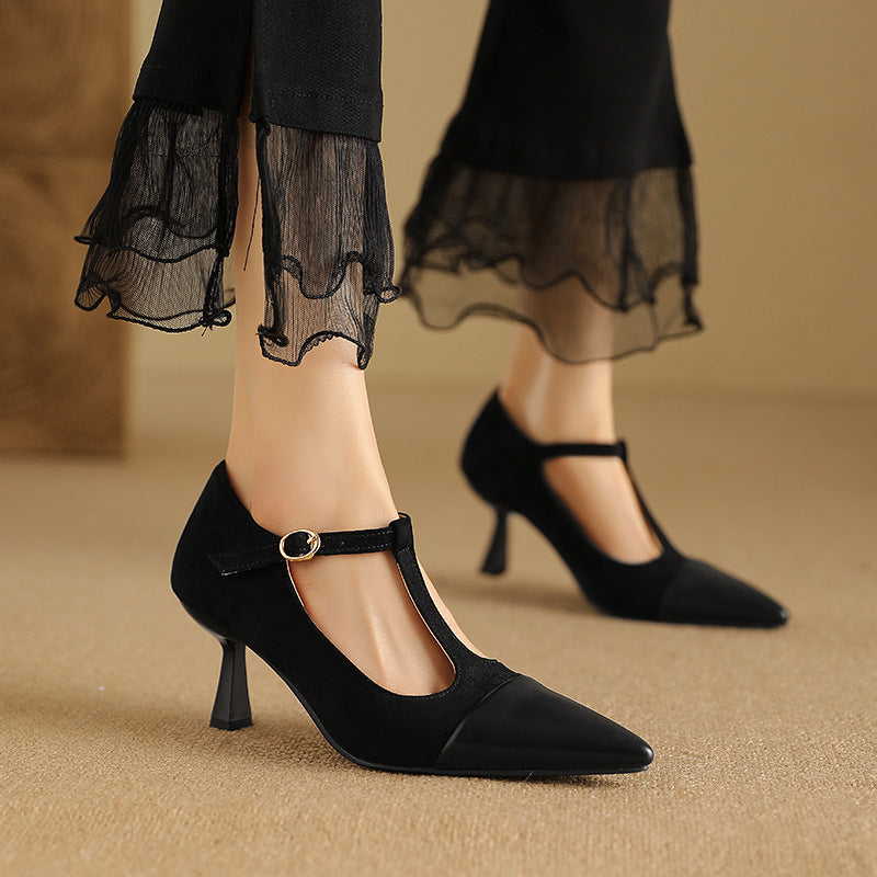 Sarah Express Elegant T-Strap Pointed Toe Stacked Heel Pumps