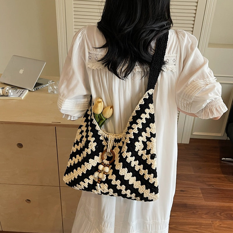Sarah Express Crochet Weave Shoulder Tote Bag Black 34x22x6cm