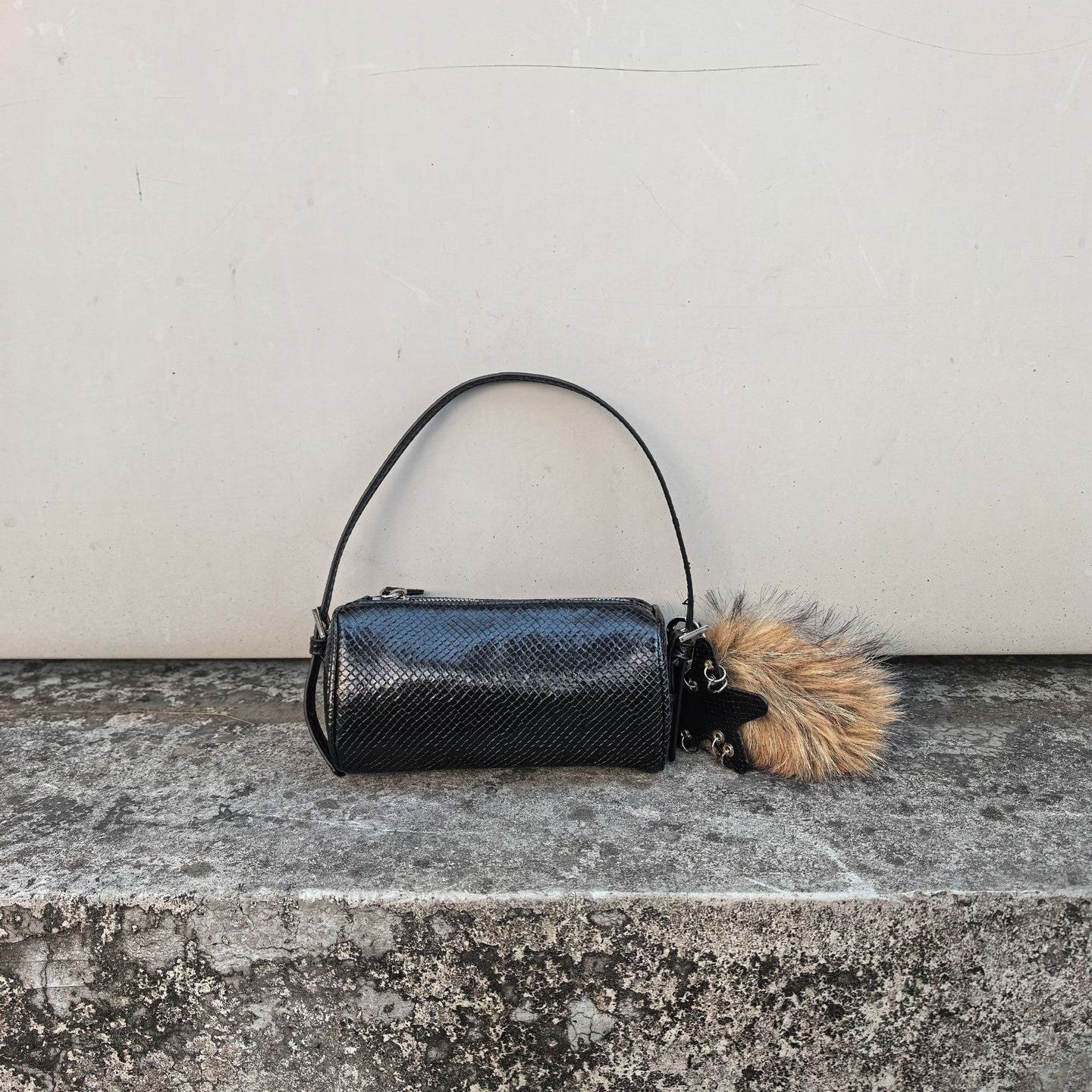 Sarah Express Mini Cylindrical Crossbody Bag with Charm Black 17x12x9cm