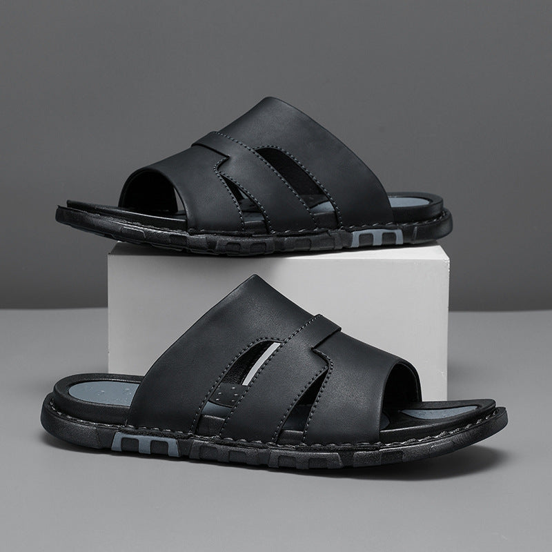 Sarah Express Handmade Microfiber Leather Men's Slip-On Slides Black