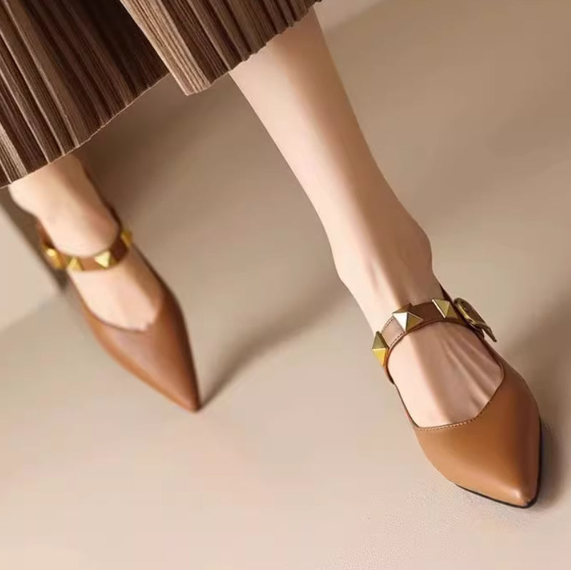 Sarah Express Pointed-Toe Studded Buckle Strap Heels