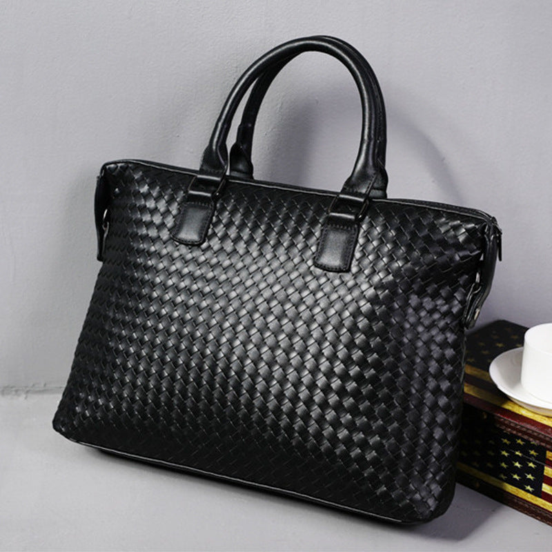 Sarah Express Woven Leather Business Laptop Briefcase Black