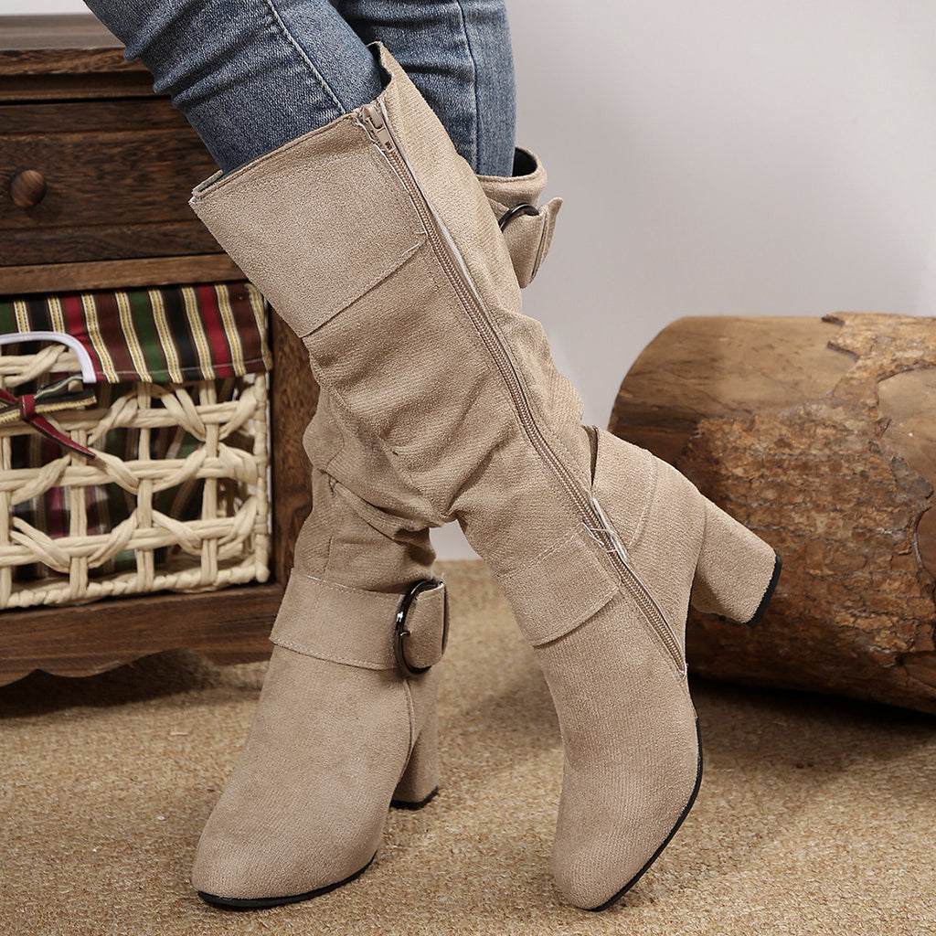 Sarah Express Suede Pointed Toe Chunky Heel Boots