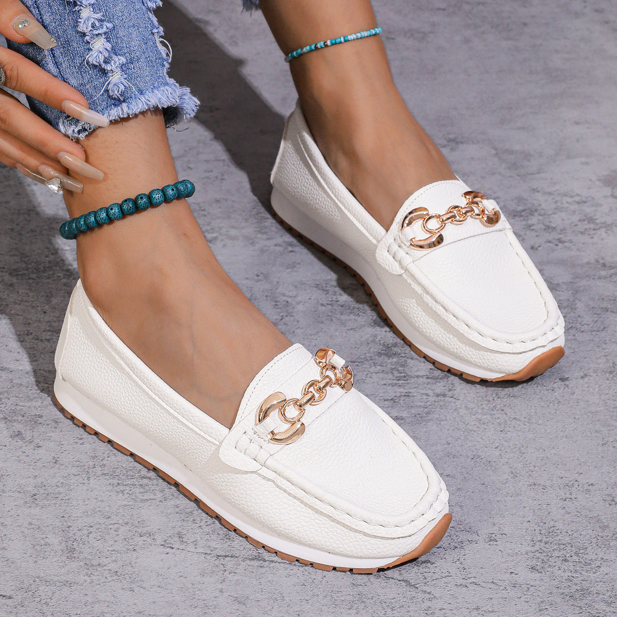 Sarah Express Women's Metal Chain Slip-On Flat Loafers
