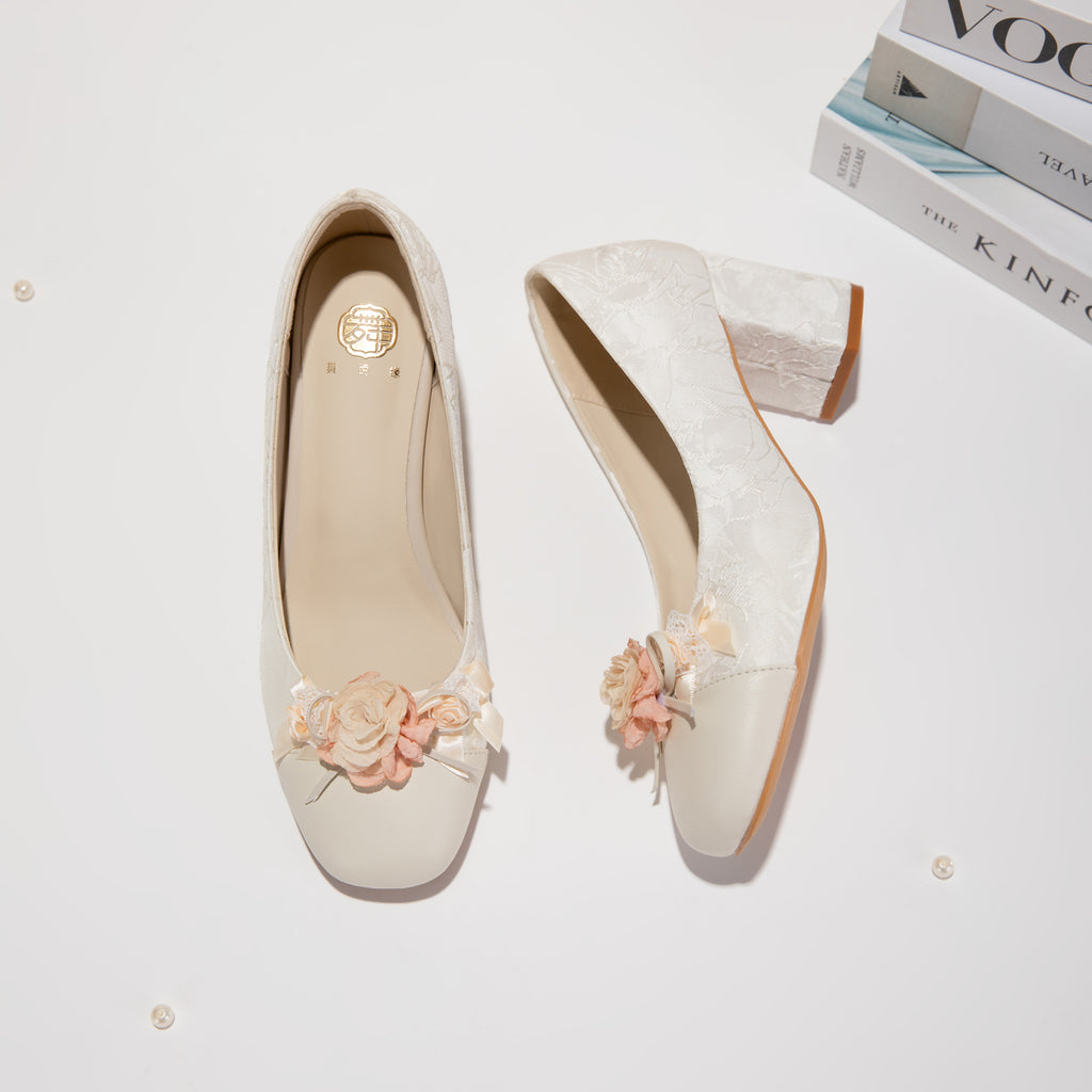 Sarah Express Floral Jacquard Square Toe Block Heels