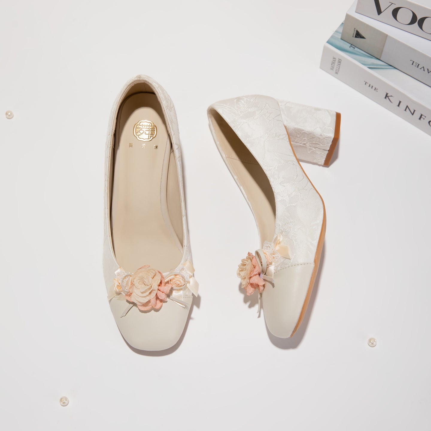 Sarah Express Floral Jacquard Square Toe Block Heels
