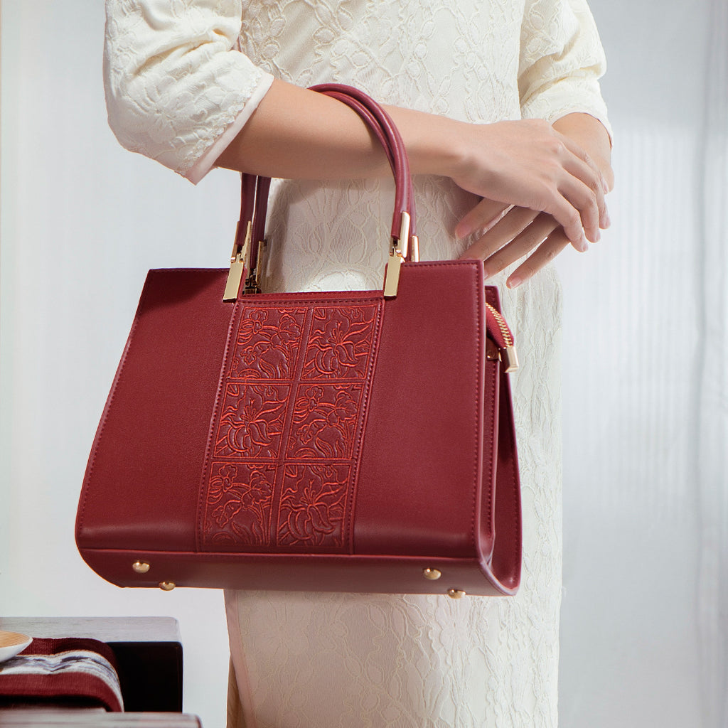 Sarah Express Embroidered Floral Structured Red Handbag