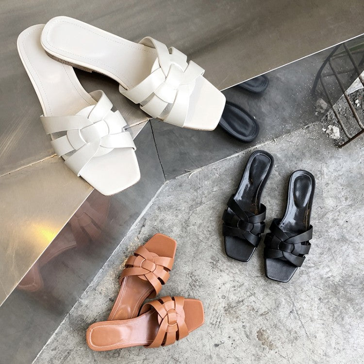 Sarah Express Woven Strap Square Toe Flat Sandals