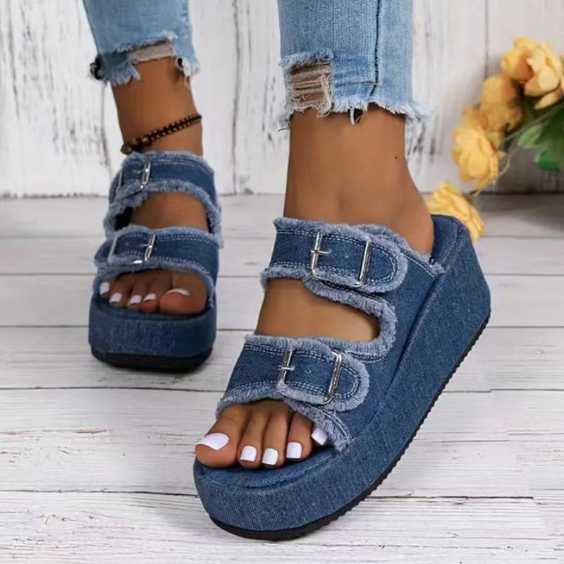 Sarah Express Denim Buckle Platform Wedge Sandals