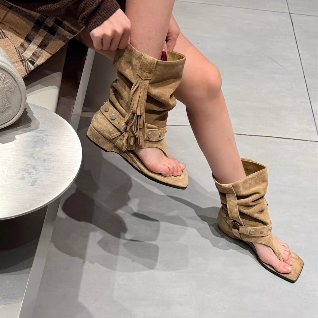 Tassel Suede Square-Toe Roman Sandals – front product view