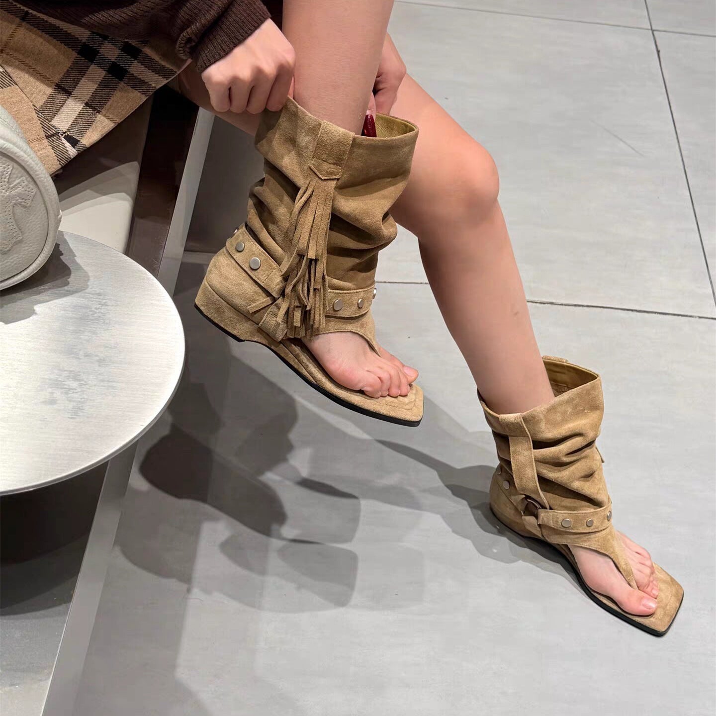 Tassel Suede Square-Toe Roman Sandals – front product view