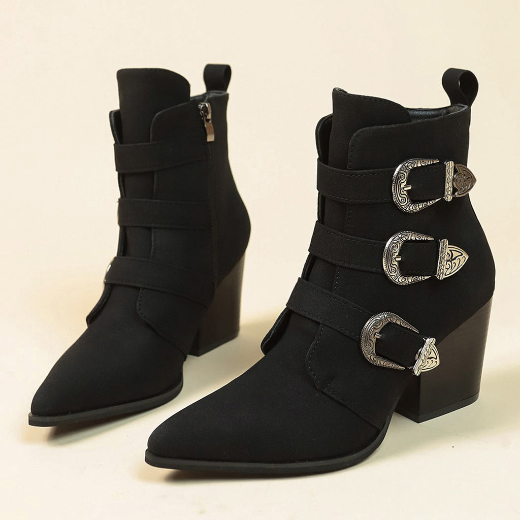 Sarah Express Retro Pointed Toe Chunky Heel Boots Black