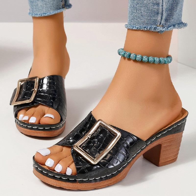 Sarah Express Crocodile Texture Buckle Chunky Heel Sandals