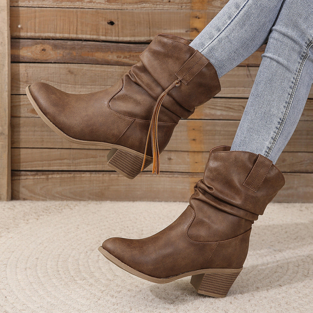 Sarah Express Retro Tassel Mid-Calf Western Boots