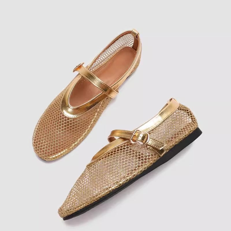 Sarah Express Breathable Mesh Hollow-Out Buckle Pumps Gold