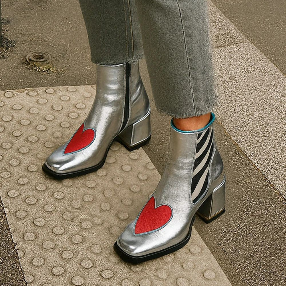 Sarah Express Silver Square Toe Chunky Heel Ankle Boots