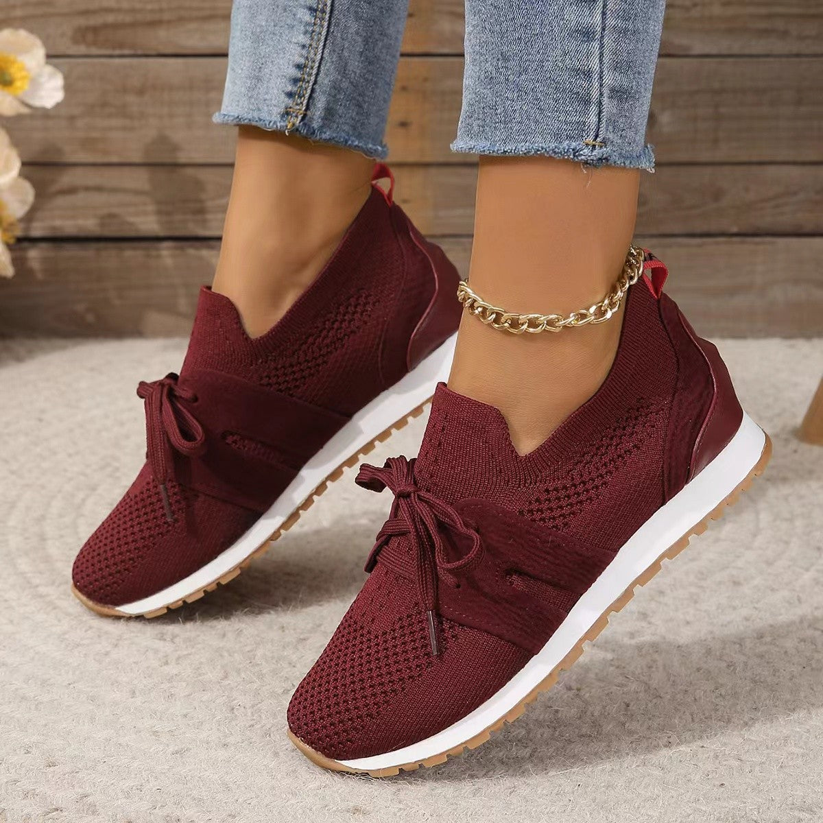 Sarah Express Women's Breathable Lace-Up Mesh Wedge Flats Red
