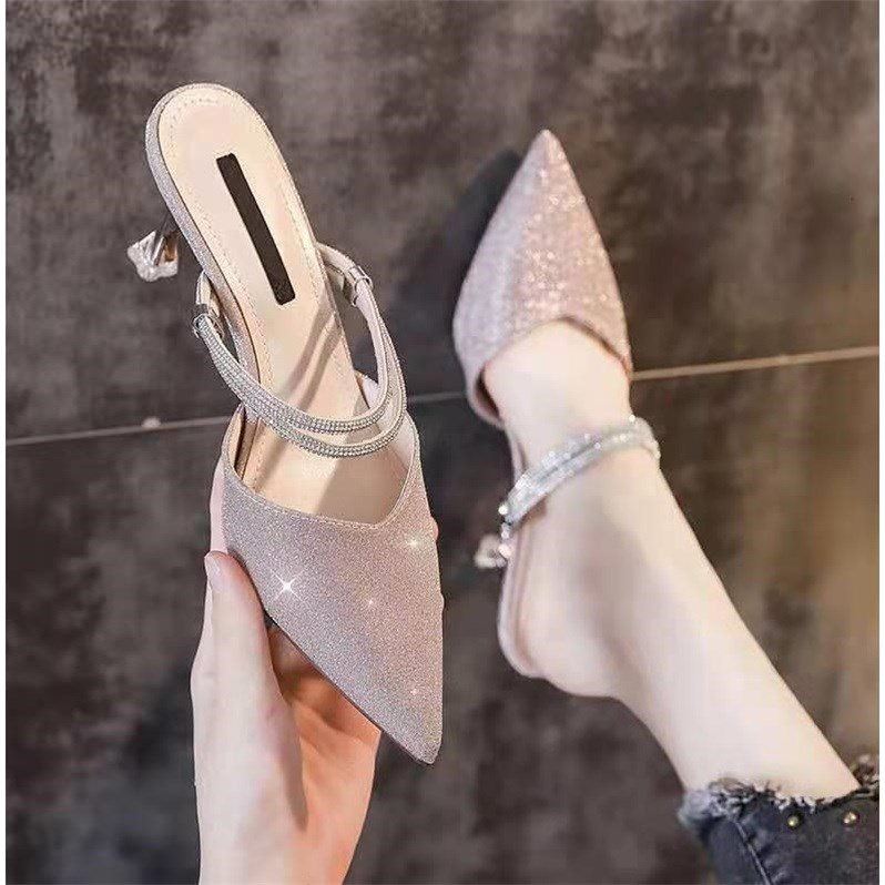Sarah Express Sparkling Stiletto Heel Baotou Sandals Pink