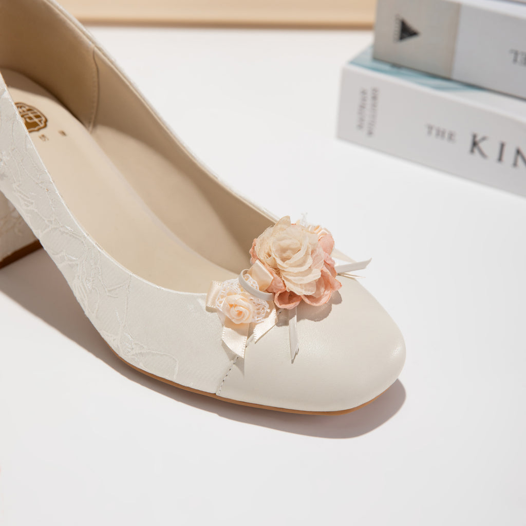 Sarah Express Floral Jacquard Square Toe Block Heels