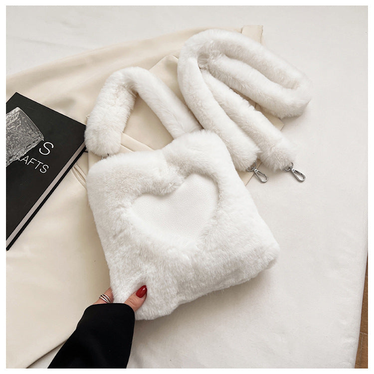 Sarah Express Plush Heart Detail Vertical Shoulder Bag