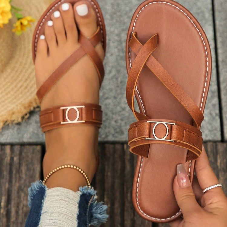 Sarah Express Women's Brown Flat Slip-On Sandals