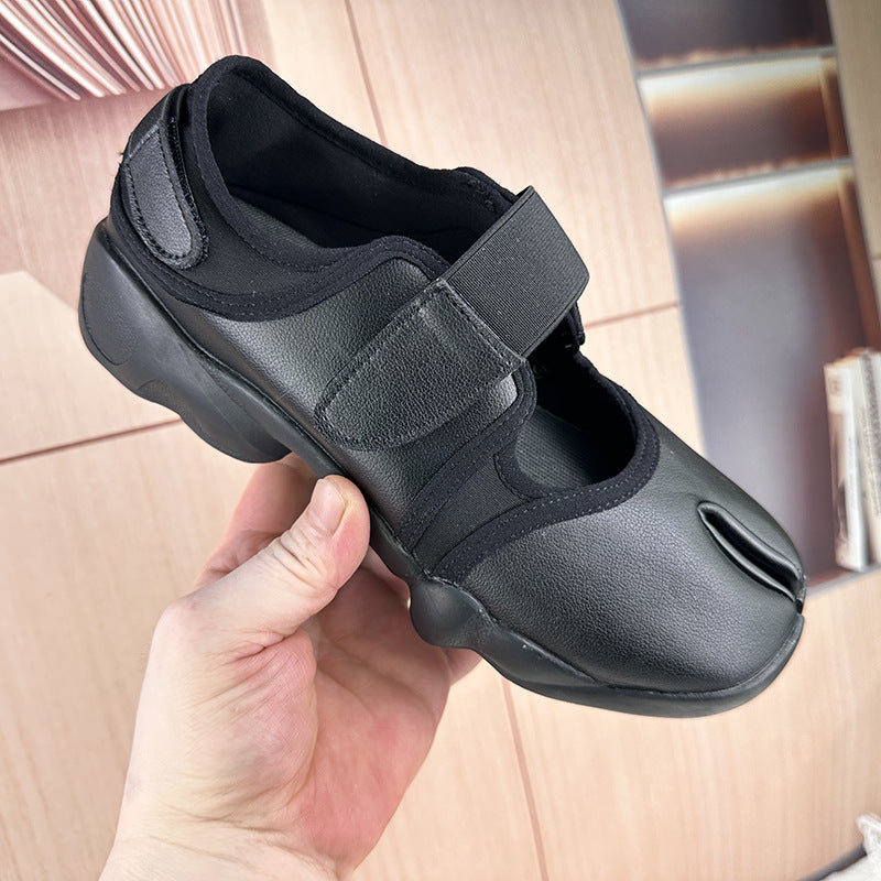 Sarah Express Women's Casual Split-Toe Velcro Sneakers NK2 Black Leather Surface