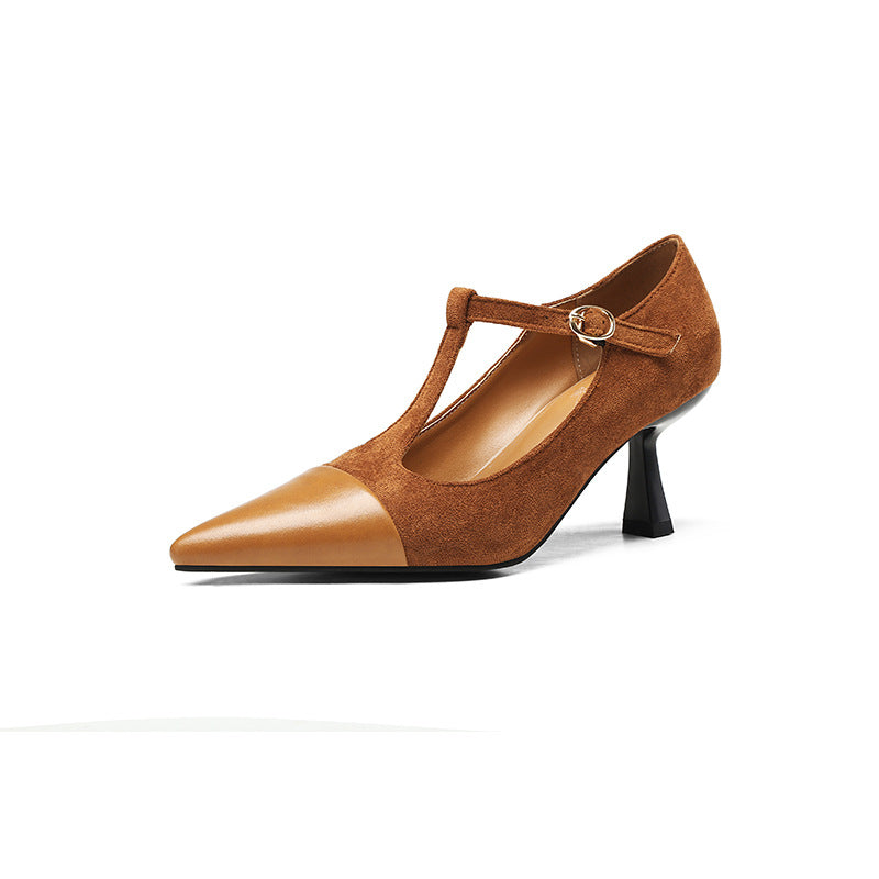 Sarah Express Elegant T-Strap Pointed Toe Stacked Heel Pumps Brown