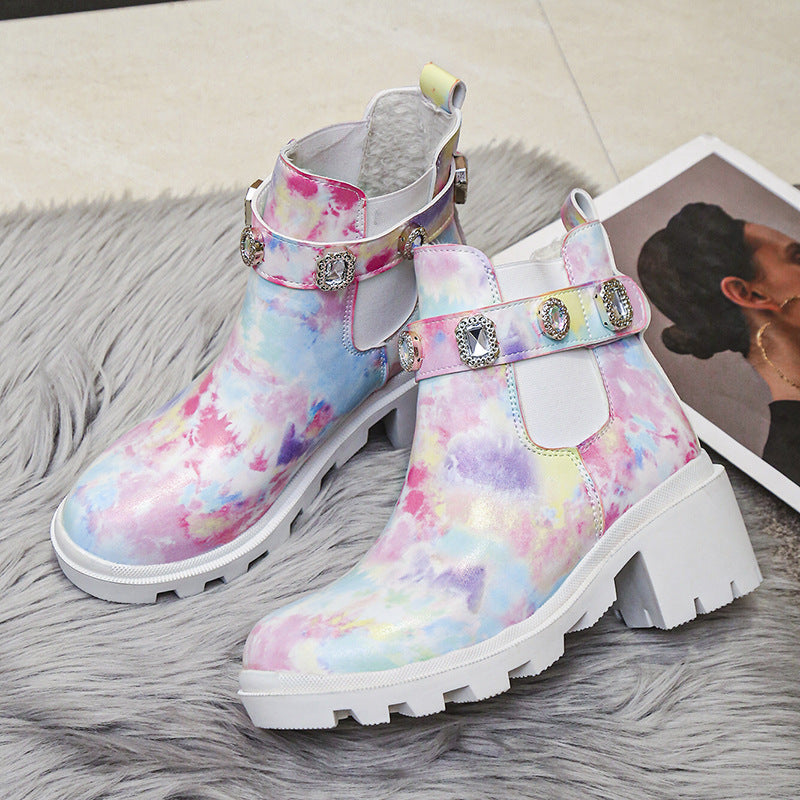 Sarah Express Rhinestone Chunky Heel Ankle Boots
