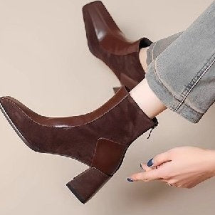 Suede Square Toe Block Heel Ankle Boots – square toe detail